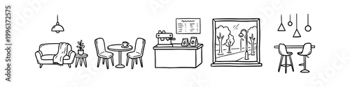 Hand-drawn doodle set of coffee shop interior elements including a cozy sofa, cafe table with chairs, espresso machine counter, window view, and bar stools. Black and white line art vector.
