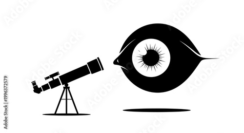 Telescope and eye looking at stars.
