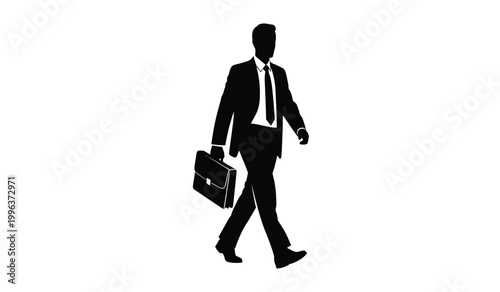 A sharply dressed businessman is depicted walking forward confidently carrying a briefcase in a striking silhouette high quality professional detailed modern elegant stylish clean