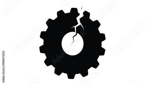A stark black graphic depicts a fractured gear with a prominent central void symbolizing breakdown or disruption as a silhouette high quality professional detailed