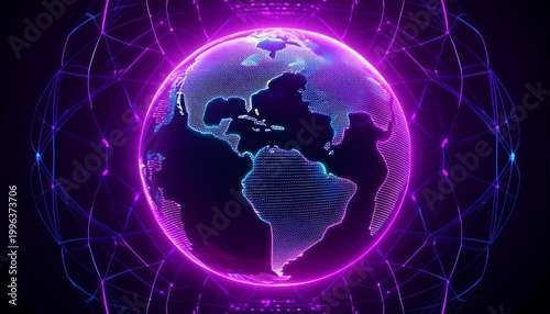 digital earth or globe in glowing neon purple line