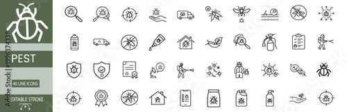 Insecticide line icons set pathogen analysis application parasite lifecycle disinfection van bug guard sanitization equipment tracker & more vector illustration with editable stroke.