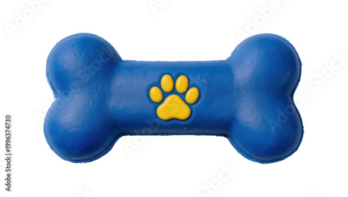 Принти на полотні Blue bone-shaped dog toy with yellow paw print, isolated on transparent backgrou