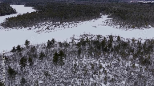 Winter aerial view featuring the Bellamy Reservoir in Madbury, New Hampshire