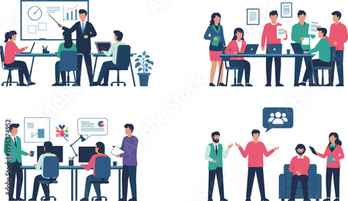 Professional Business Team Collaboration Vector Set Featuring Office Meetings Data Analysis Presentations and Corporate Coworking Scenes for Workplace Growth and Management Projects