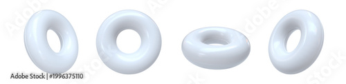 Vector set of realistic 3D rendered swimming rings. Blank inflatable swim rings mockup template in white for branding. Round Pool floats, rubber rings shown from different angles, isolated.