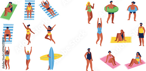 PrintFlat Vector Illustration of Diverse People at Beach Sunbathing Swimming and Surfing with Summer Vacation Elements for Web Design and Travel Posters