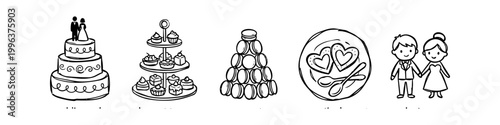 Cute hand-drawn wedding doodle icons featuring a wedding cake, tiered dessert stand, macaron tower, heart cookies, and a happy bride and groom. Perfect for wedding stationery and celebration design.