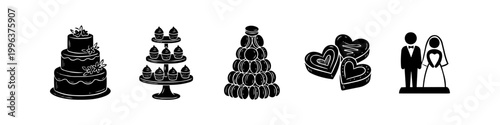 Set of wedding dessert icons including a tiered cake, cupcake stand, macaron tower, heart-shaped sweets, and a bride and groom topper. Minimalist black silhouettes on a white background.