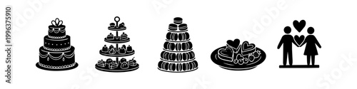 Collection of black and white silhouette icons for weddings and celebrations, featuring a tiered cake, macaron tower, dessert stand, heart treats, and a romantic couple.