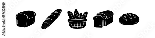 Set of black and white bread icons including baguette, sliced loaf, sandwich bread, artisan boule, and a bakery basket. Hand-drawn silhouette style for culinary and bakery branding designs.