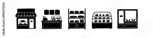 Hand-drawn set of bakery and pastry shop icons in silhouette style, featuring a storefront, bread shelves, cake display case, and service counter isolated on white.