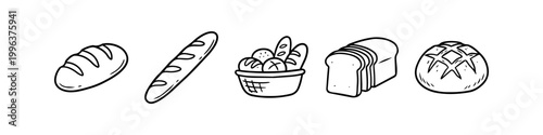 Hand-drawn vector icons of various bread types, including baguette, sliced loaf, and round bread. Minimalist black line art set for bakery branding, menu design, and kitchen decor.