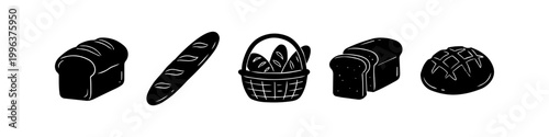Set of black and white bread icons including baguette, loaf, and bread basket. Minimalist vector illustration for bakery menus, branding, and kitchen decor.