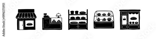 Set of black and white hand-drawn bakery icons featuring storefronts, bread shelves, pastry displays, and a cash register. Ideal for small business branding, menus, and shop illustrations.