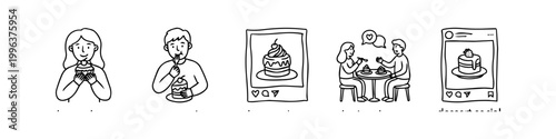 Set of hand-drawn line art icons depicting people enjoying desserts and sharing food photos on social media. Features cupcakes, cake, and cafe scenes in a minimalist doodle style.
