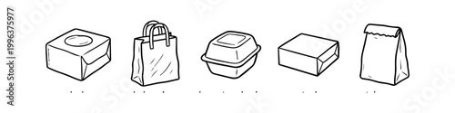 Set of black and white hand-drawn vector illustrations of various food packaging items like boxes, bags, and containers, ideal for delivery and takeaway branding concepts.