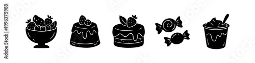 Set of hand-drawn black silhouette icons featuring various desserts including a fruit bowl, cakes, candies, and yogurt. Minimalist sweet treat doodles on a white background.