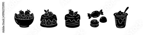 A set of five minimalist black and white silhouette icons featuring a fruit bowl, various cakes, assorted candies, and a yogurt cup, perfect for menu designs and culinary graphics.