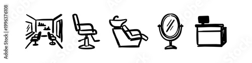 A set of hand-drawn black and white icons representing a hair salon and barbershop, featuring a salon chair, hair washing station, oval mirror, and reception desk on a white background.