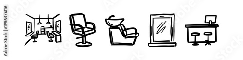 Hand-drawn vector icons of hair salon and barber shop equipment: interior layout, styling chair, hair wash station, mirror, and reception desk. Minimalist black and white doodle set.