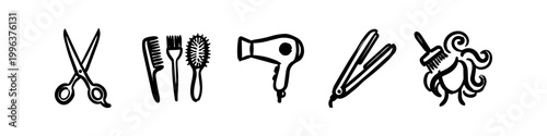 Set of hand-drawn hair salon icons featuring scissors, hairdryer, comb, brush, and straightener. Black ink doodle style illustrations isolated on white background for beauty and grooming designs.