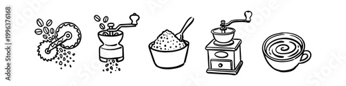 Hand-drawn line art icons showing the coffee grinding and brewing process, including vintage grinders, coffee beans, grounds, and a cup of coffee. Minimalist black and white doodle set.