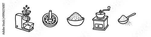 Set of minimalist line icons illustrating coffee grinding: electric grinder, manual hand-crank mill, burr mechanism, bowl of fresh coffee grounds, and a measuring spoon.