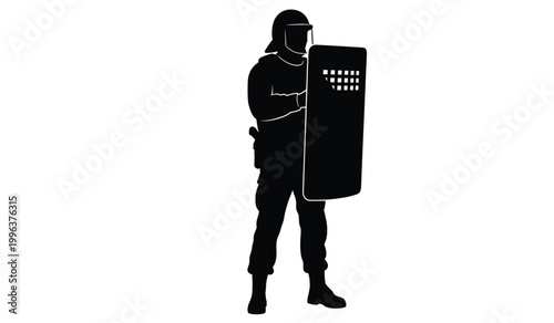 A stark black silhouette depicts a riot police officer standing guard holding a rectangular shield prominently capturing a tense scene silhouette high quality professional