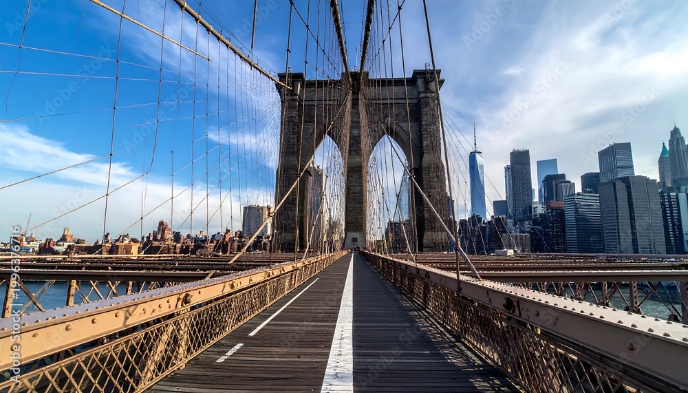 Fototapeta premium Pedestrian Walkway On Brooklyn Bridge Towards Manhattan Skyline.