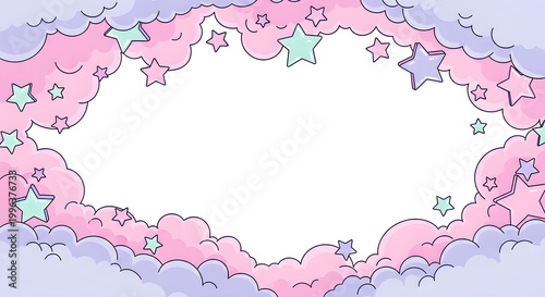 Magical clouds and stars border background in aesthetic pastel colors
