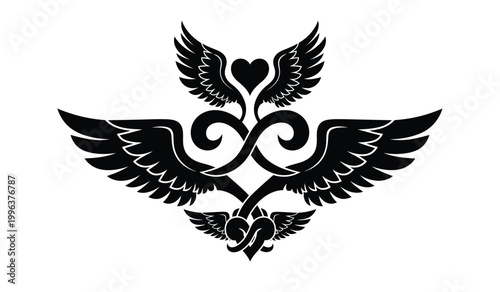 A striking black design showcases a heart shape integrated with expansive wings exhibiting intricate swirls and curves a bold silhouette high quality professional detailed