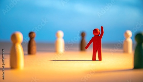 A solitary red wooden figurine stands out, raising a hand in a gesture of leadership, surrounded by others, conveying themes of individuality, guidance, and authority. 