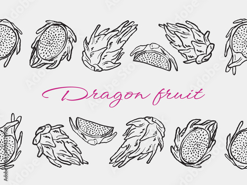 Horizontal seamless border with dragon fruit. Tropical repeatable design, food packaging, textile, paper, banner with pitaya. Hand drawn vector sketch illustration in vintage doodle crayon charcoal