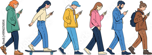 Diverse Group of Young Men and Women Walking and Skateboarding While Using Smartphones for Modern Technology Digital Connectivity and Urban Lifestyle Concept