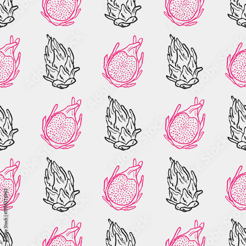 Seamless pattern with pitaya. Tropical repeatable design for exotic food packaging and textiles with dragon fruit. Hand drawn vector sketch illustration in vintage doodle crayon charcoal style