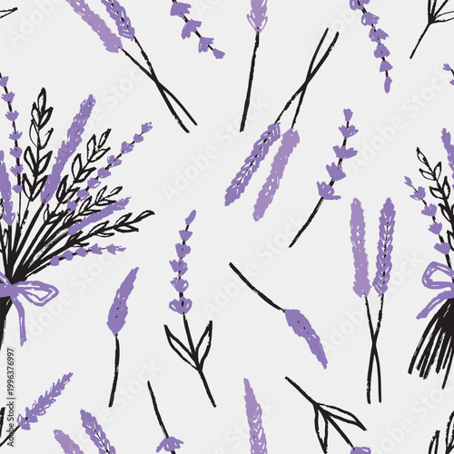 Seamless pattern with purple lavender and bouquets. An elegant botanical repeatable texture for packaging, home decor. Hand drawn vector sketch illustration in vintage doodle crayon charcoal style