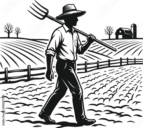 Farmer walking with pitchfork in a field