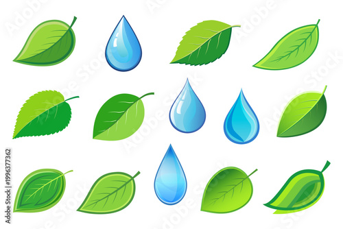 Set of green eco leaves over white, design elements