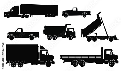 A collection of various commercial vehicles including trucks and dumpers are displayed in stark black silhouettes high quality professional detailed modern elegant stylish clean