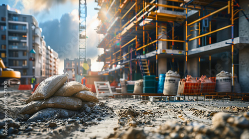 Urban construction site with scaffolding and building materials. City development and engineering project concept. Industrial background for construction, infrastructure, and real estate