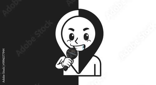 A smiling cartoon woman wearing a hijab holding a microphone.