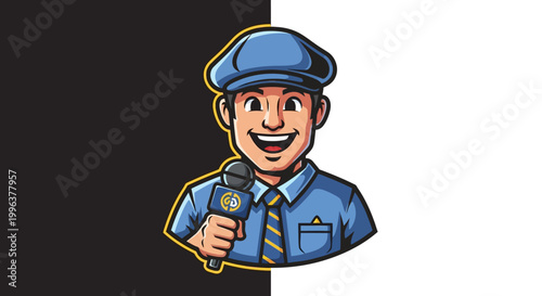 Cartoon news reporter holding microphone smiling.