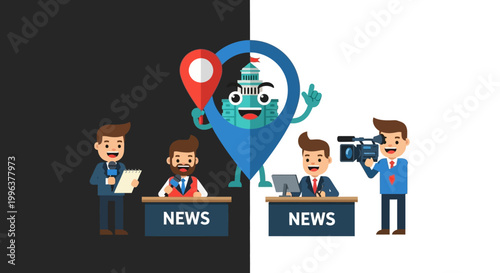 Cartoon news team with location pin.