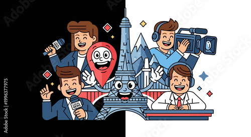 Cartoon illustration of media team with location marker.