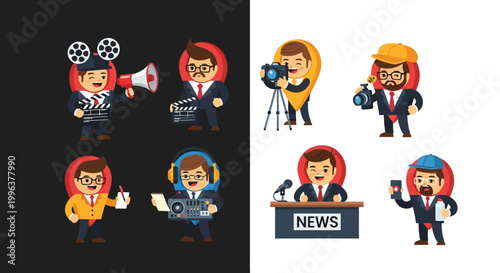 Cartoon journalists and news reporters icons set.
