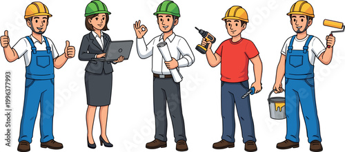 Professional Construction and Trade Worker Character Set Featuring Site Manager Engineer and Laborers with Tools for Home Renovation and Industrial Service Graphic Designs
