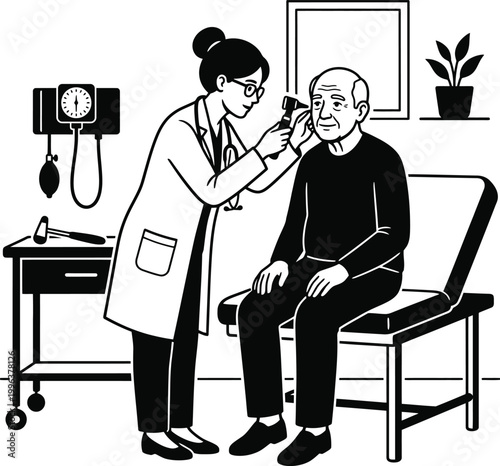 Female doctor examining senior man's ear in a clinic