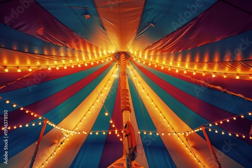Inside view of a vibrant circus tent with colorful stripes and glowing lights, creating a festive atmosphere