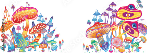 Psychedelic mushrooms with mystical eyes in vibrant neon gradients and detailed line art versions